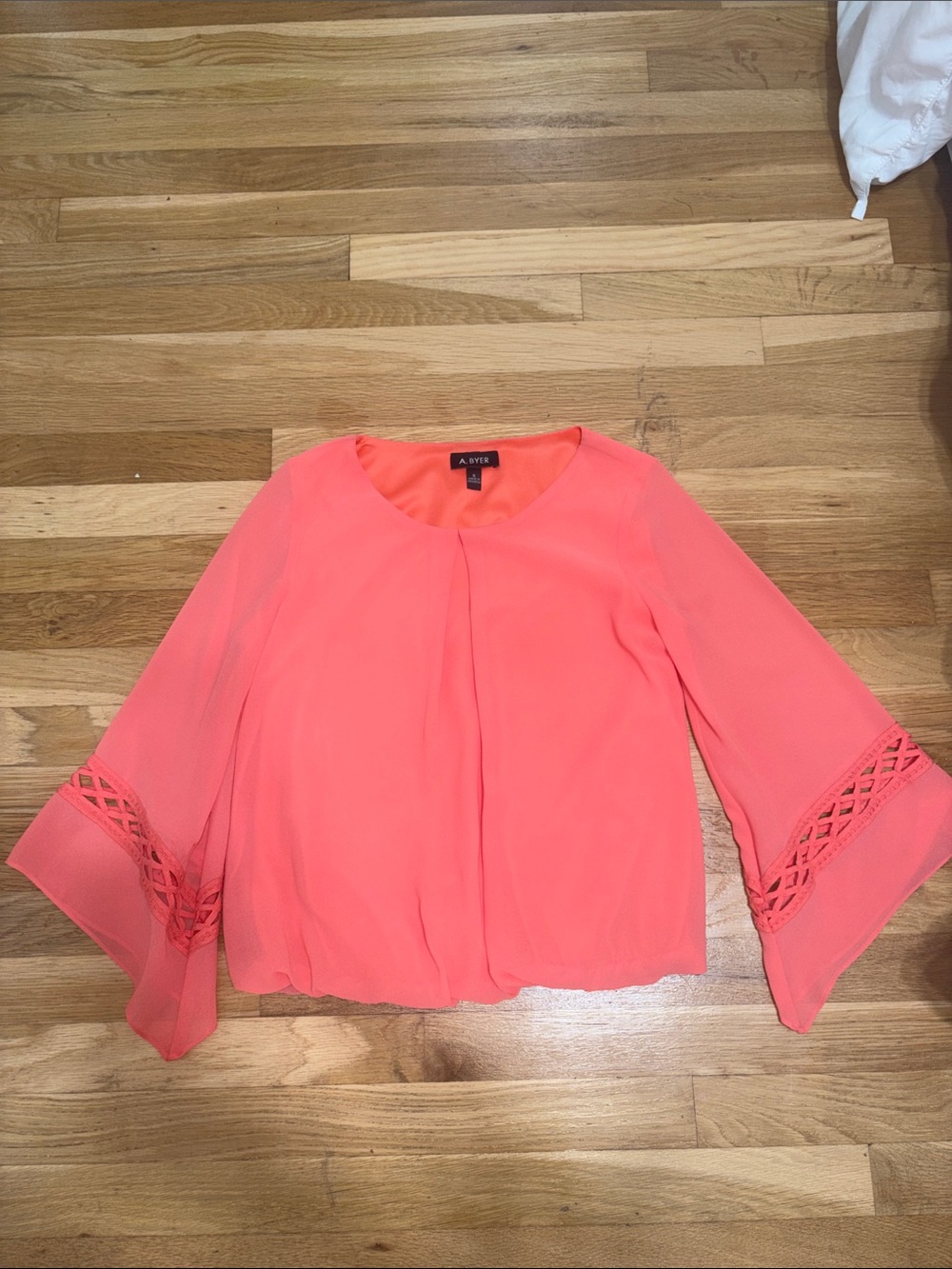 A. Byer Coral Bell Sleeve Blouse with Lattice Trim